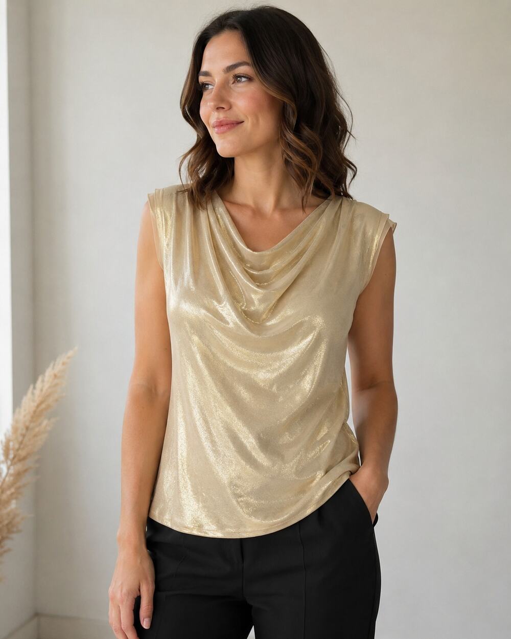 Worthington Women’s Gold Metallic Cowl Neck Sleeveless Blouse Size M